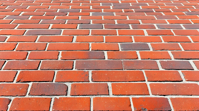 Fototapeta Red brick pavement texture, outdoor urban setting, converging perspective, background blurred, ideal for design