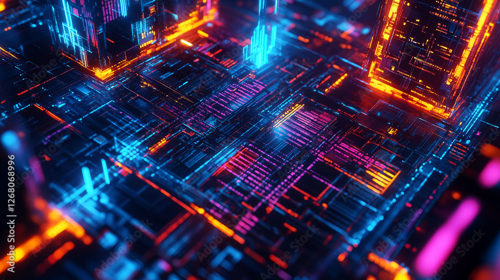 Poster futuristic digital landscape with glowing neon lines and data blocks in blue, pink, and orange, show