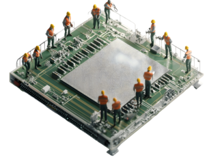Miniature workers engaged in maintenance on a large microchip, creating a unique tech perspective.