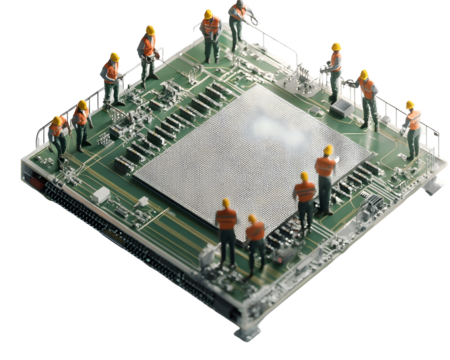 Miniature workers engaged in maintenance on a large microchip, creating a unique tech perspective.
