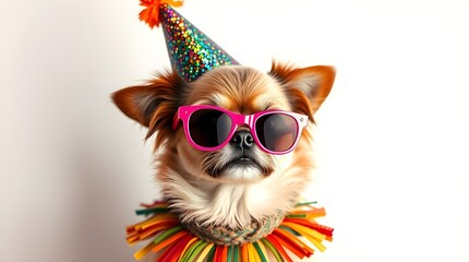 colorful and playful portrait of a small dog against a plain white background