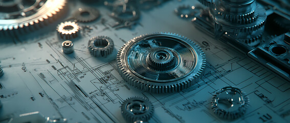 Precision Engineering: Close-up view of intricate metallic gears and mechanical components arranged on a blueprint, illuminated with dramatic lighting, suggesting precision, complexity.