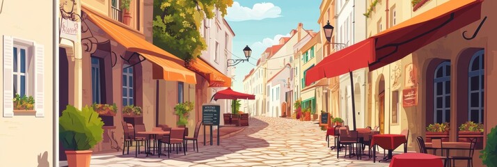 Fototapeta premium Charming Cobblestone Street With Colorful Awnings And Potted Plants In A Sunny European Village