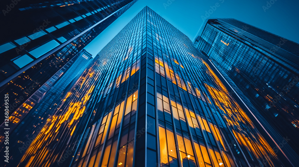 Poster looking up at a modern skyscraper with glass walls and illuminated windows, showcasing the architect