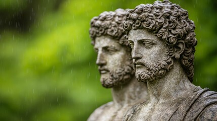 Fototapeta premium Twin god statues, one worn by the rain of time, the other eternally preserved in a gentle drizzle