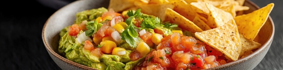 A bowl filled with crispy chips, creamy guacamole, and juicy tomatoes
