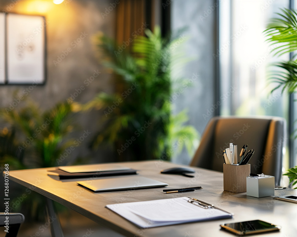 Poster modern office workspace with a wooden desk, plants, and stationery. the image showcases a minimalist