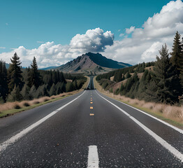 Naklejka premium Mountain road in the forest at sunset in autumn. Top view from drone on the road in the forest. Beautiful landscape with a road in the hills, pine trees, green meadows, golden sunlight.generative ai