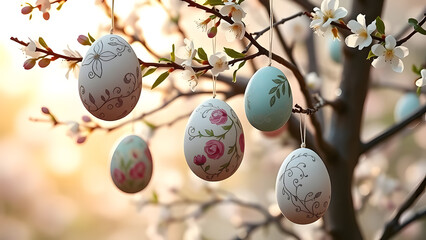Fototapeta premium Ornate Easter eggs with floral designs delicately hang from a blooming tree branch in a soft spring garden with golden light