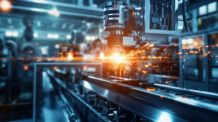 Fototapeta premium Close-up of industrial robotic arm welding with sparks flying, highlighting advanced manufacturing technology, automation, and precision in a modern production facility.