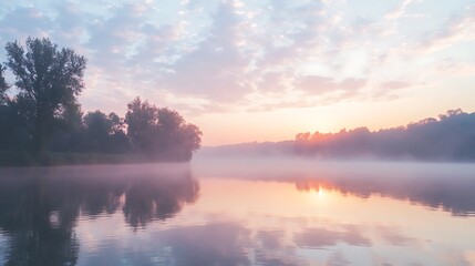 Fototapeta premium Serene Sunrise Over Misty River And Trees
