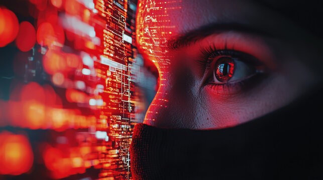 Intense hacker face reflected in advanced AI security monitor with moody lighting