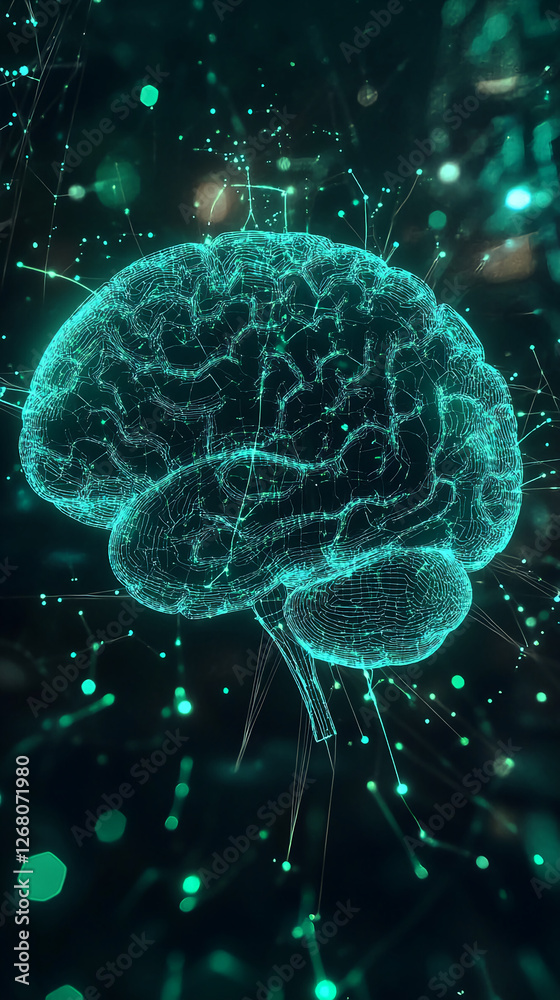 Poster Futuristic digital brain with glowing network connections, showcasing the concept of artificial intelligence, neural networks, and data processing in modern technology.