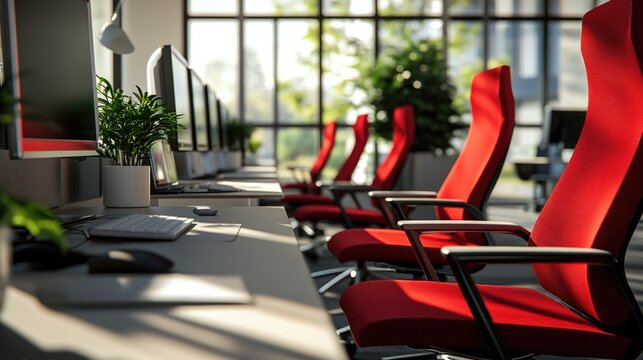 Row of red chairs in a modern office setting