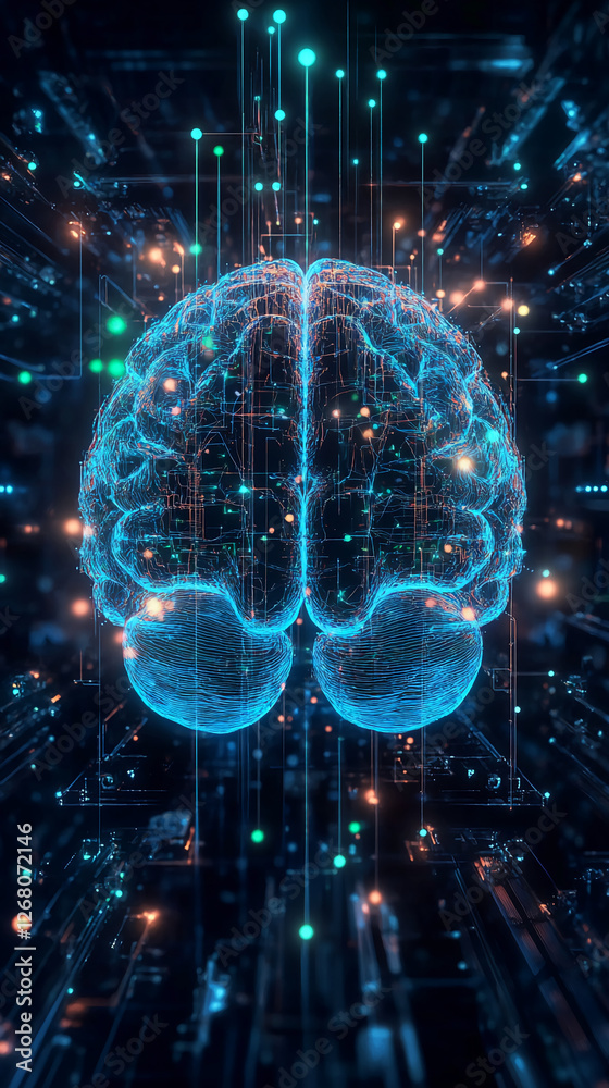 Aufkleber Futuristic digital brain with glowing neural connections, representing the concept of artificial intelligence, data processing, and neural networks in modern technology.