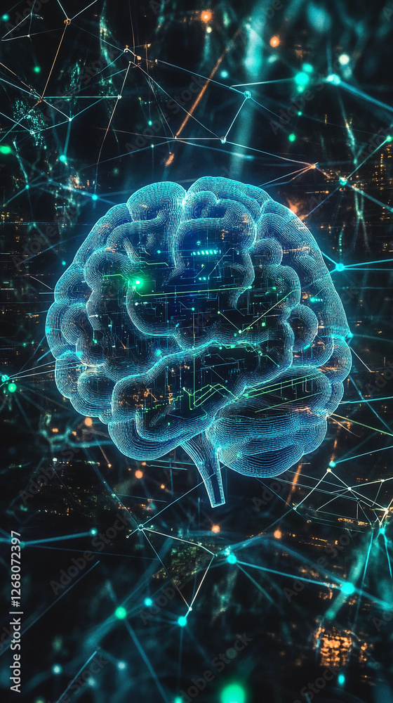 Poster 3D digital brain with glowing neural networks and connections, symbolizing artificial intelligence, machine learning, and data processing in the field of neuroscience and technology.