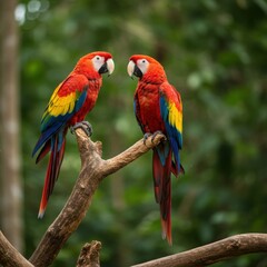 Fototapeta premium Colorful Macaws Perched in a Lush Tropical Rainforest
