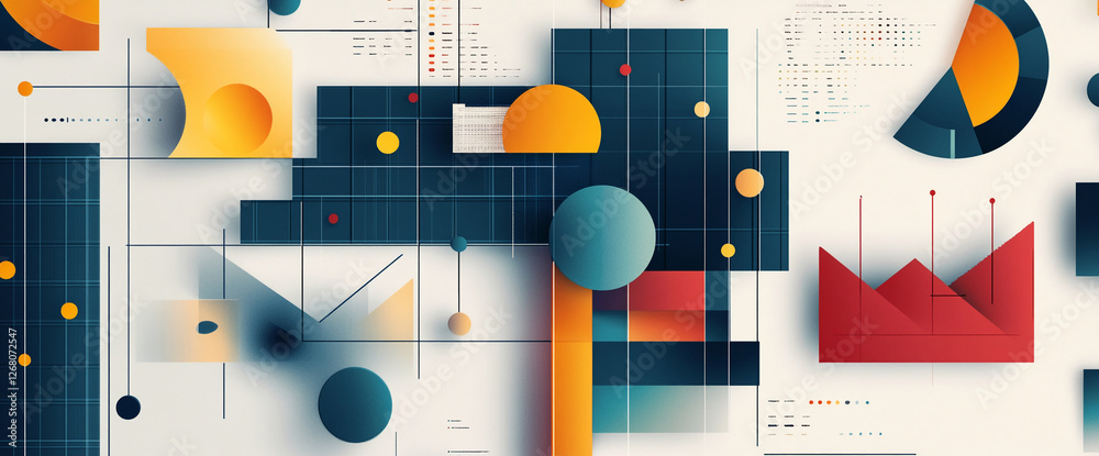 Poster Abstract geometric design with colorful shapes, circles, and grids creating a modern and dynamic composition, symbolizing creativity, technology, and digital art in contemporary design.