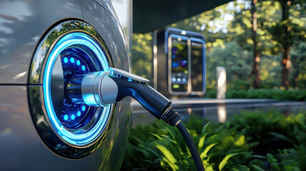 Close-up view of a hydrogen fuel nozzle at a modern green energy station