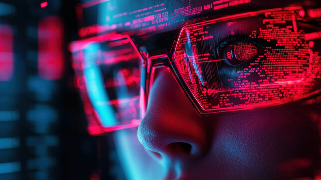 Humanoid AI security agent analyzes cyber threats through holographic display interface