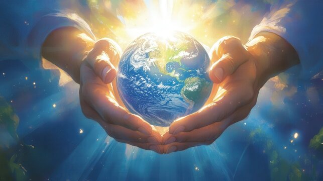 Divine Hands Gently Cradle Earth In Heavenly Light