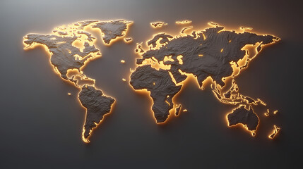 Illuminated World Map: An intricate world map sculpted in white, stands out against a dark background, illuminated with warm, vibrant light. It's an abstract illustration of global connection.