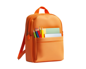 Orange school backpack with books and color pencils. Perfect for education and study themes.