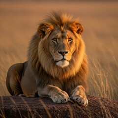 Fototapeta premium Majestic Lion Resting on a Rocky Outcrop Under Golden Sunset Light