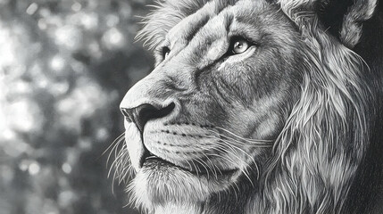 Majestic lion portrait, graphite drawing, blurred savannah background, wildlife art print