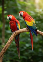Fototapeta premium Colorful Macaws Perched in a Lush Tropical Rainforest