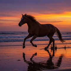 Horse running on the beach at sunset