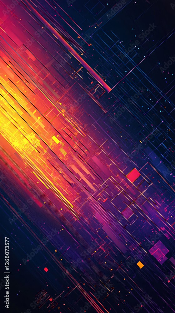 Poster abstract digital design with dynamic lines and glowing squares in purple, orange, and yellow hues re