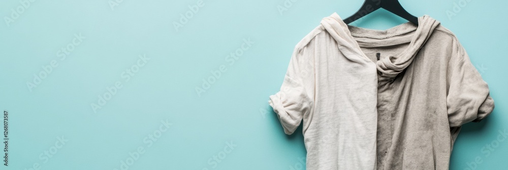 Poster comparison of dirty and freshly laundered clothes on a hanger against a blue background showcasing c