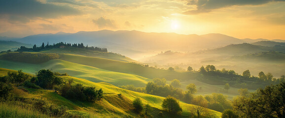 Golden light over rolling hills with trees and distant mountains during sunset in Tuscany, Italy, showcasing the peaceful countryside landscape and natural beauty.