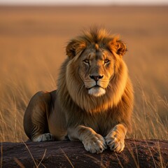 Obraz premium Majestic Lion Resting on a Rocky Outcrop Under Golden Sunset Light