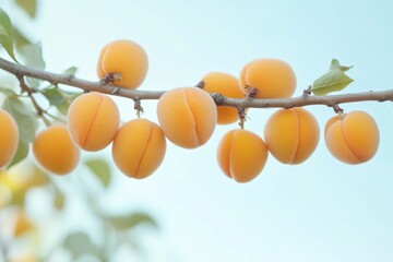 Fresh apricots suspended from a tree branch, ready for harvesting