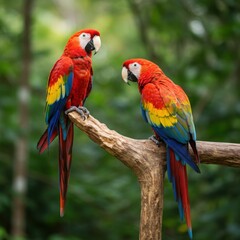 Fototapeta premium Colorful Macaws Perched in a Lush Tropical Rainforest
