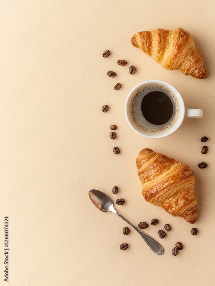 Poster delicious coffee and flaky croissants arranged in a flat lay on a light background. generative ai