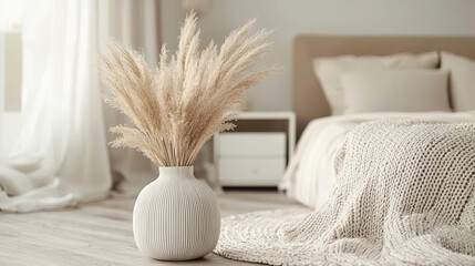 Scandinavian bedroom with soft textures and neutral colors in a relaxing setting