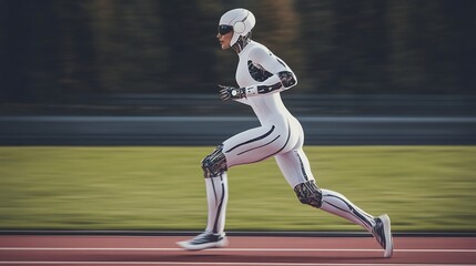 Fototapeta premium Futuristic robot woman sprinting on a track.