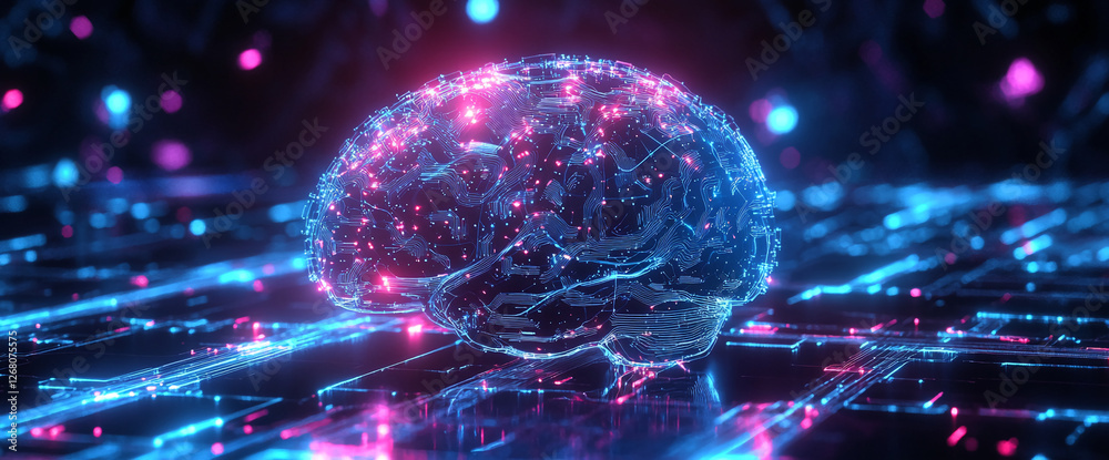 Poster A digital rendering of a glowing brain composed of vibrant neon circuitry, symbolizing artificial intelligence, neural networks, and advanced technology in a futuristic style.