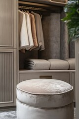 A white ottoman placed in front of a closet door, perfect for additional seating or storage