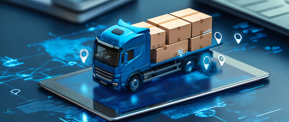 Global Delivery on Tablet: A blue delivery truck carrying multiple packages sits on a tablet, illustrating global logistics and delivery tracking using GPS technology.