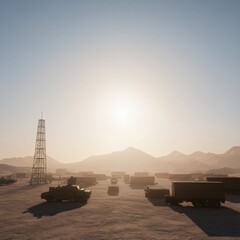 military base in desert landscape at sunrise.