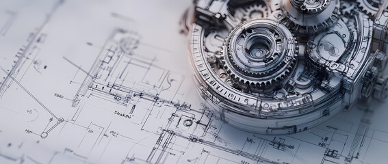 Precision Engineering: A close-up view of a intricate gear mechanism, showcasing precision engineering and the beauty of mechanical design, set against a blueprint background.