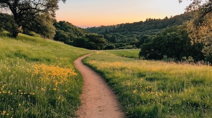 Winding Trail Through Sunset Meadow and Hills