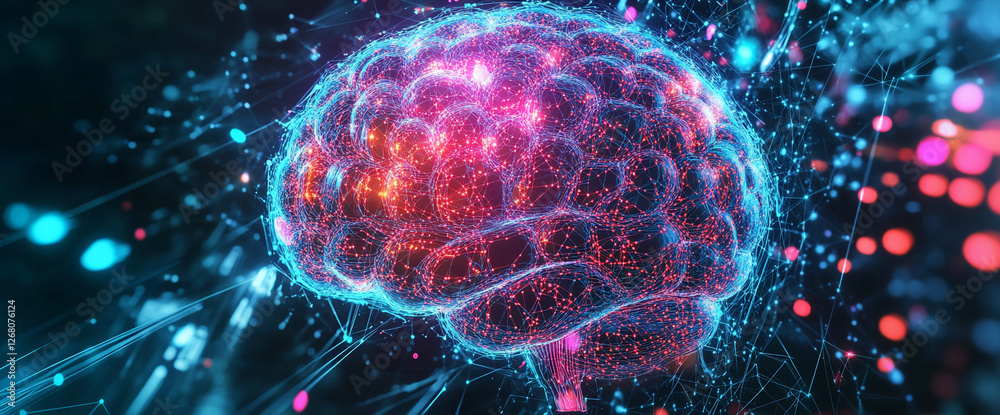 Poster digital illustration of glowing brain made from intricate circuit lines, set against futuristic back
