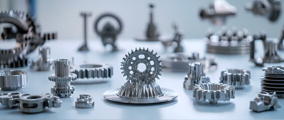 Precision Metal Parts: A captivating close-up showcasing a collection of intricately designed metal parts, including gears and other mechanical components.