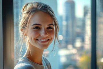 A woman standing by a window with a bustling city in the background