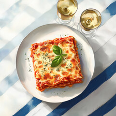 Illustration of lasagna in a baking dish served on a table with glasses of white wine